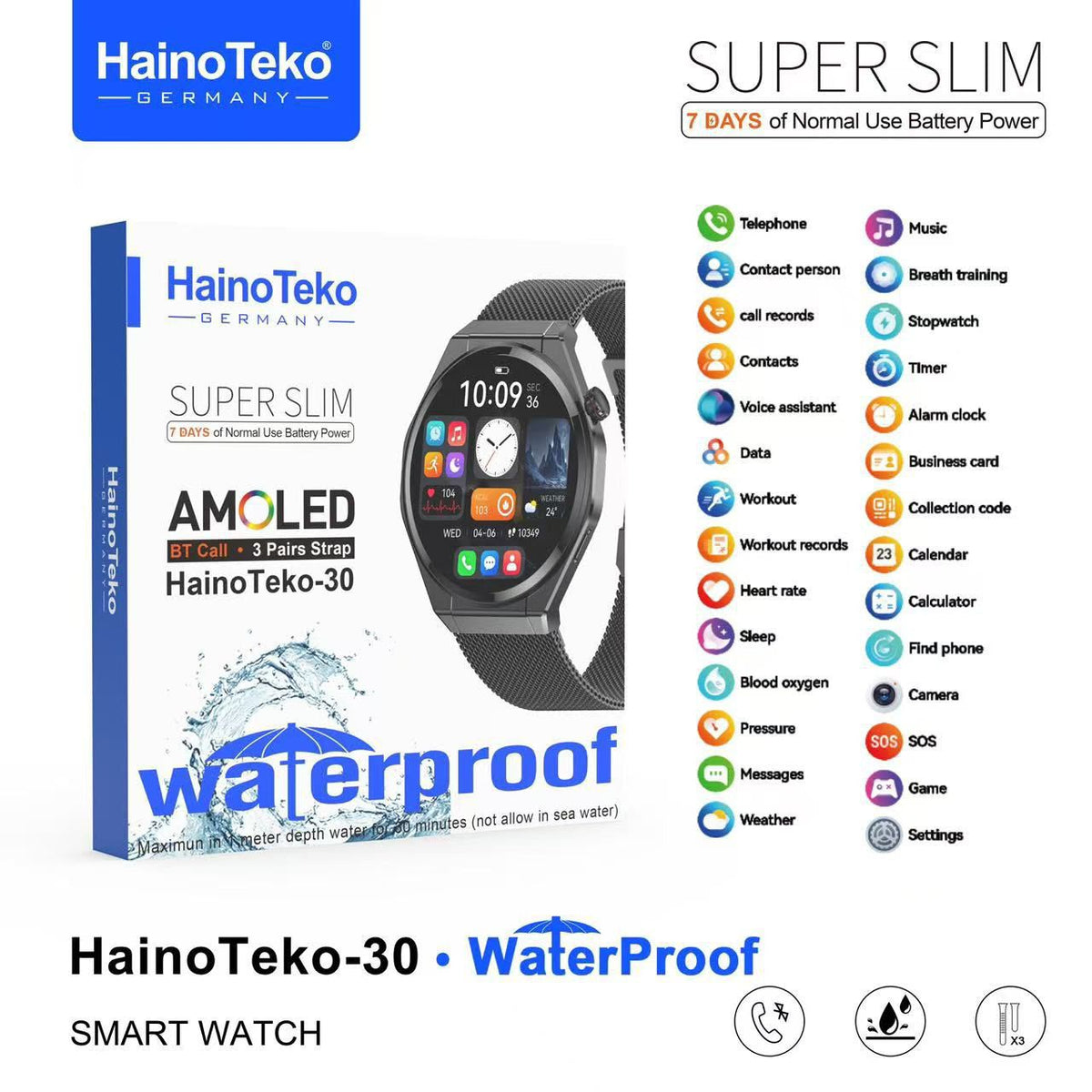 1 Year Warranty Made in Germany HainoTeko-30 AMOLED Waterproof Smart Watch with 3 Pairs Straps and Bluetooth Calling.