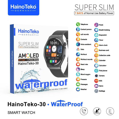 1 Year Warranty Made in Germany HainoTeko-30 AMOLED Waterproof Smart Watch with 3 Pairs Straps and Bluetooth Calling.