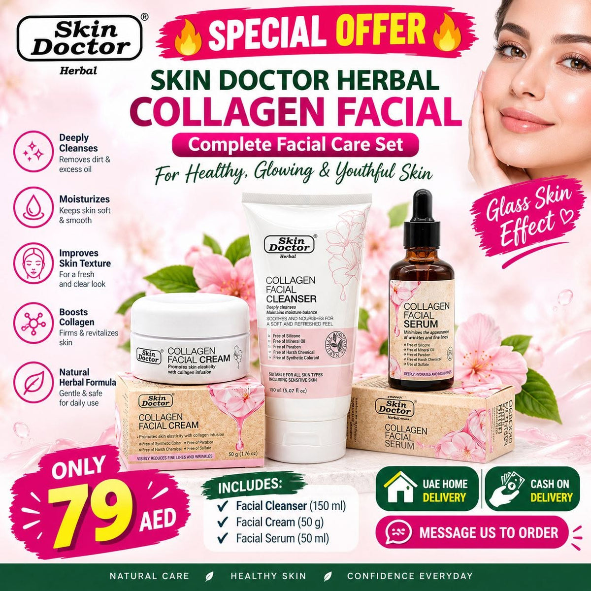 Want young and glowing skin? ( 3 in 1 ) Skin Doctor Herbal Collagen Facial Complete Facial Care Set