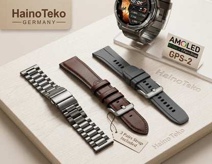 1 Year Warranty Made In Germany Haino Teko GPS-2 AMOLED Smartwatch | 3 ATM Waterproof | 3 Pairs Interchangeable Straps Included