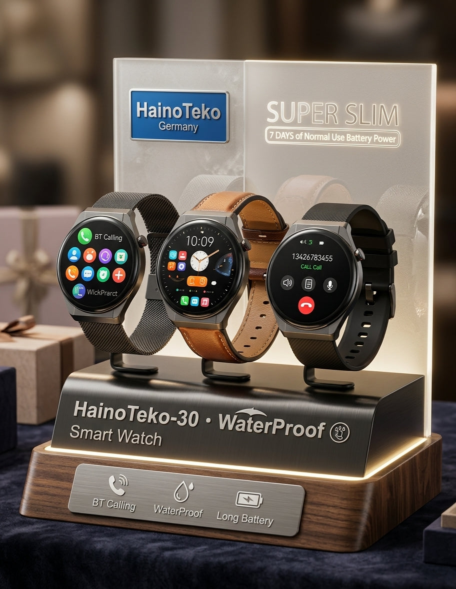 1 Year Warranty Made in Germany HainoTeko-30 AMOLED Waterproof Smart Watch with 3 Pairs Straps and Bluetooth Calling.