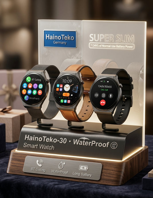 1 Year Warranty Made in Germany HainoTeko-30 AMOLED Waterproof Smart Watch with 3 Pairs Straps and Bluetooth Calling.