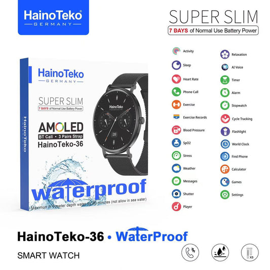 1 Year Warranty Made In Germany HainoTeko-36 Super Slim AMOLED Smart Watch Water Proof with BT Calling and 3 Straps.