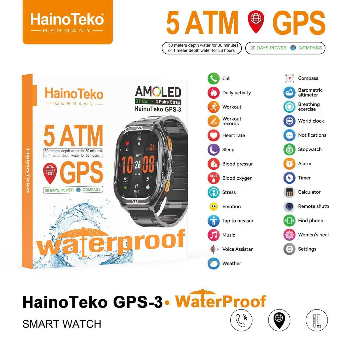 1 Year Warranty Made in Germany HainoTeko GPS-3 AMOLED Smart Watch - 5 ATM Waterproof, GPS & Compass 3 Pair Straps