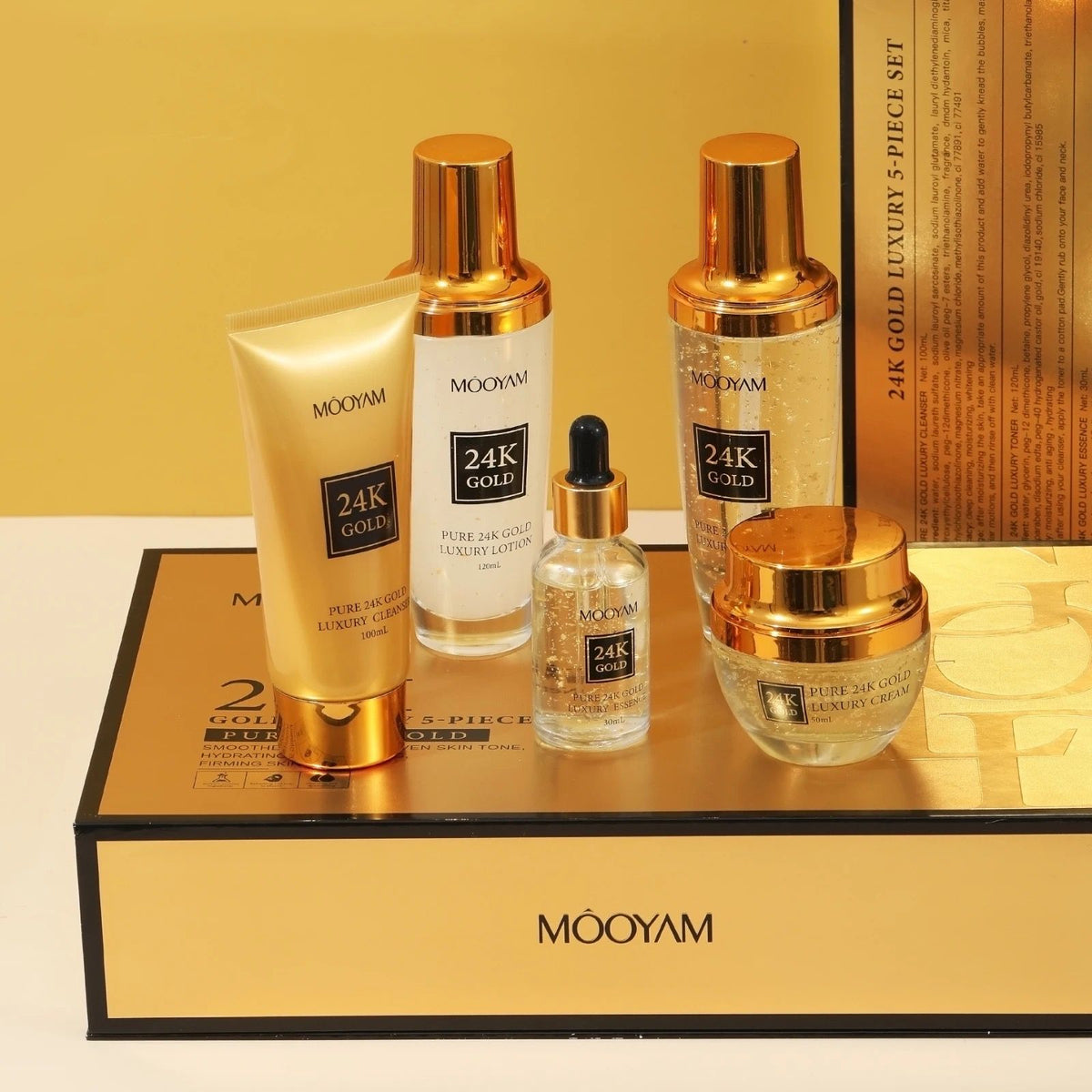 Mooyam 24K Gold Luxury 5 Piece Skincare Set (Cleanser + Toner + Lotion + Cream + Essence)