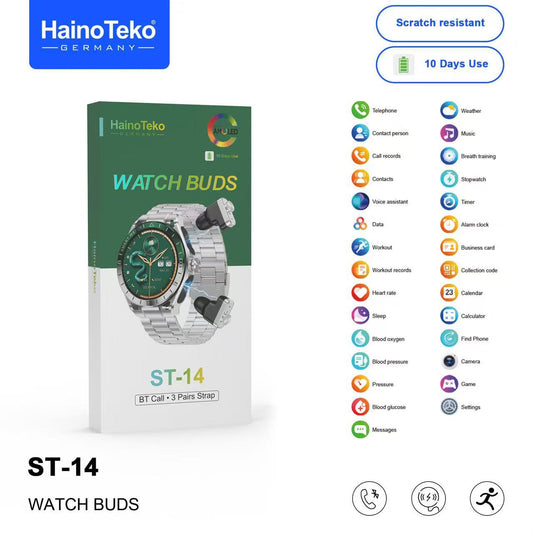 1 Year Warranty Made In Germany HainoTeko ST-14 Watch Buds Smartwatch with Built-in Earbuds Bluetooth Calling, AMOLED Display, 3 Pair Straps Designed Regular price
