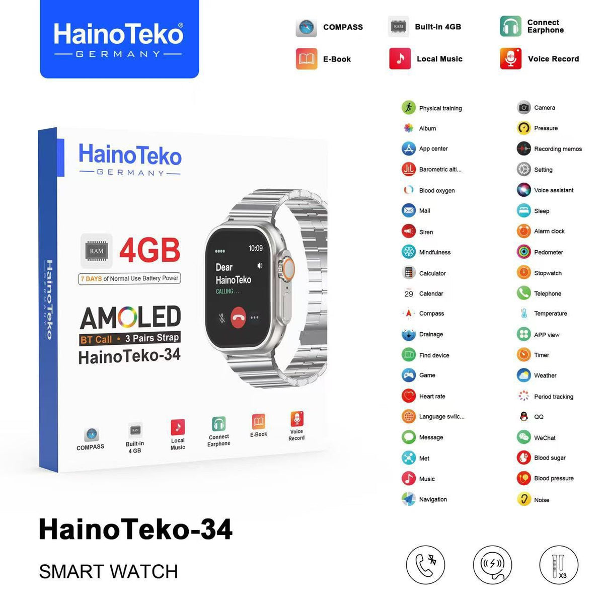 1 Year Warranty Made In Germany HainoTeko-34 Smart Watch with AMOLED Display and 3 Pairs of Straps.