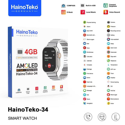 1 Year Warranty Made In Germany HainoTeko-34 Smart Watch with AMOLED Display and 3 Pairs of Straps.