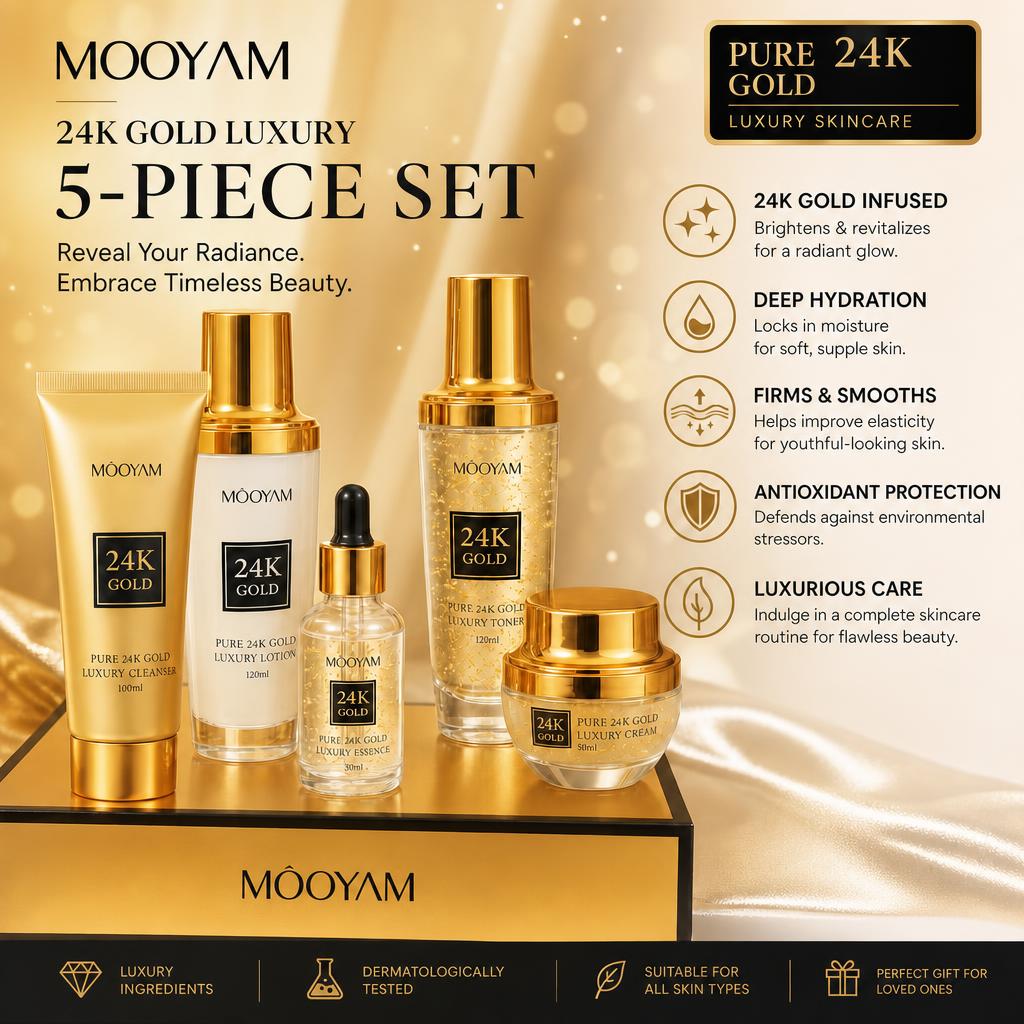 Mooyam 24K Gold Luxury 5 Piece Skincare Set (Cleanser + Toner + Lotion + Cream + Essence)