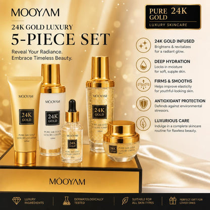 Mooyam 24K Gold Luxury 5 Piece Skincare Set (Cleanser + Toner + Lotion + Cream + Essence)