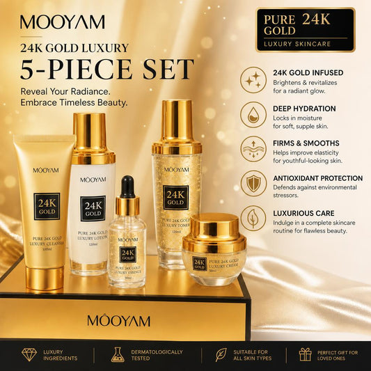 Mooyam 24K Gold Luxury 5 Piece Skincare Set (Cleanser + Toner + Lotion + Cream + Essence)